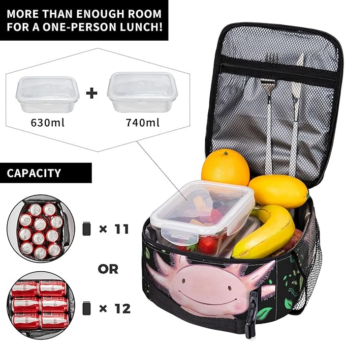 Gianlaima Cute Pink Axolotls Kawaii Axolotl Insulated Lunch Box For Women Man, Portable Lunch Bag Reusable Cooler Tote For Office Work Travel Picnic Camping Beach