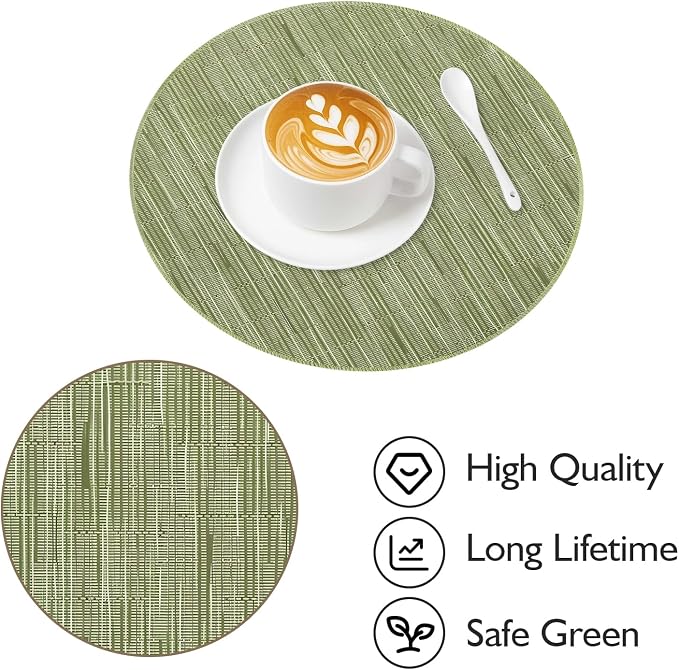 Niviy Green Round Placemats Set of 6, 12x18 Inch Washable Easy to Clean Heat-Resistant Anti-Skid Sage Green Placemats for Holiday Party Kitchen Dining Room Decoration