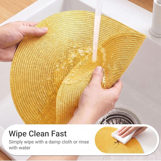 FunWheat Round Braided Placemats Set of 6 Table Mats for Dining Tables Woven Washable Non-Slip Place mats 15inch for Spring(Yellow, 6pcs)