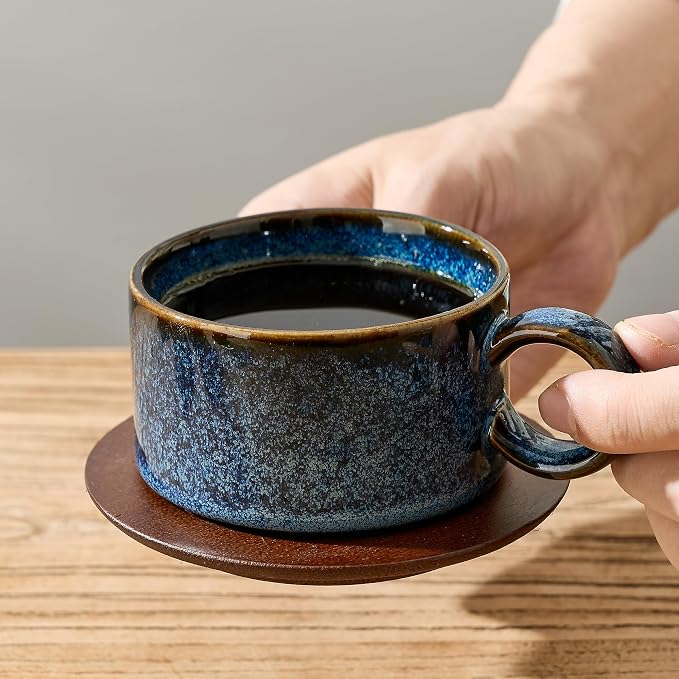 LUKA 6 Ounce Porcelain Stackable Espresso Cups with Saucers and Metal Stand Set of 4, Ceramic Cappuccino Cups Set for Specialty Coffee Drinks, Latte, Cafe Mocha and Tea, Reactive Blue