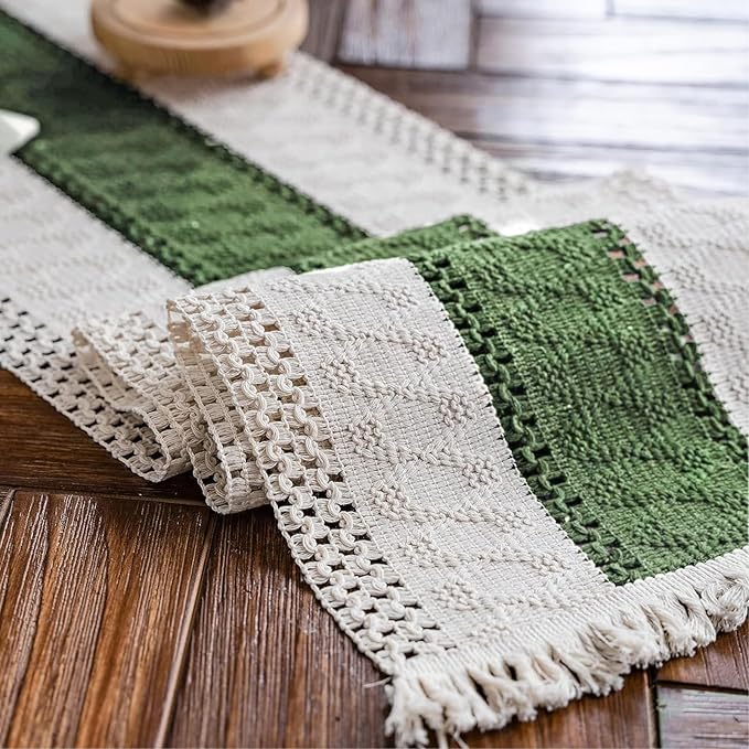 Macrame Table Runner Cream Beige and Green Boho Table Runners with Tassels Hand Woven Cotton Table Runner Rustic Farmhouse Table Runners for Bohemian Kitchen Dining Table(12x36in)