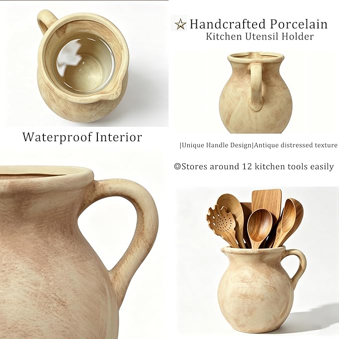 Rustic Kitchen Utensil Holder, 7.3'' Ceramic Vintage Utensil Crock for Counter, Farmhouse Utensil Crock Countertop Organizer for Spatulas Spoons Cooking Tools, Modern Home Kitchen Decor (Light Clay)