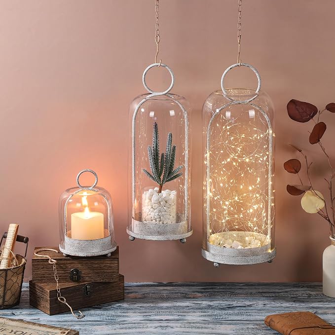 5"x7.5" Versatile Modern Metal Hurricane Lantern with Handmade Sturdy Glass Dome in Vintage White for 3" Pillar Candle & Plants, Industrial, Farmhouse, Shabby Chic