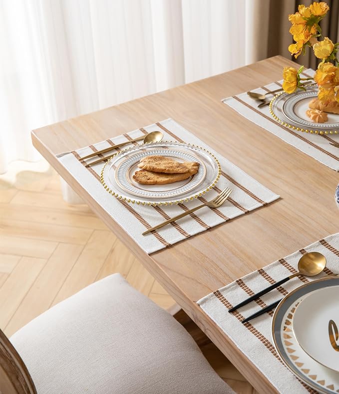 Caflife Boho Farmhouse Placemats Set of 4, Brown Stripes Cotton Linen Woven Table Mats for Modern Dining Table, 13x19 Inch Rustic Kitchen Decor Place Mats