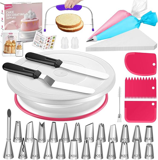 Syntus 65 PCs Cake Decorating Kit with Cake Stand Turntable, Cake Baking Supplies 30+1 Piping Bags, 24 Piping Tips, Offset & Straight Spatulas, 3 Scrapers, Leveler, 2 Couplers & 1 Tips Brush