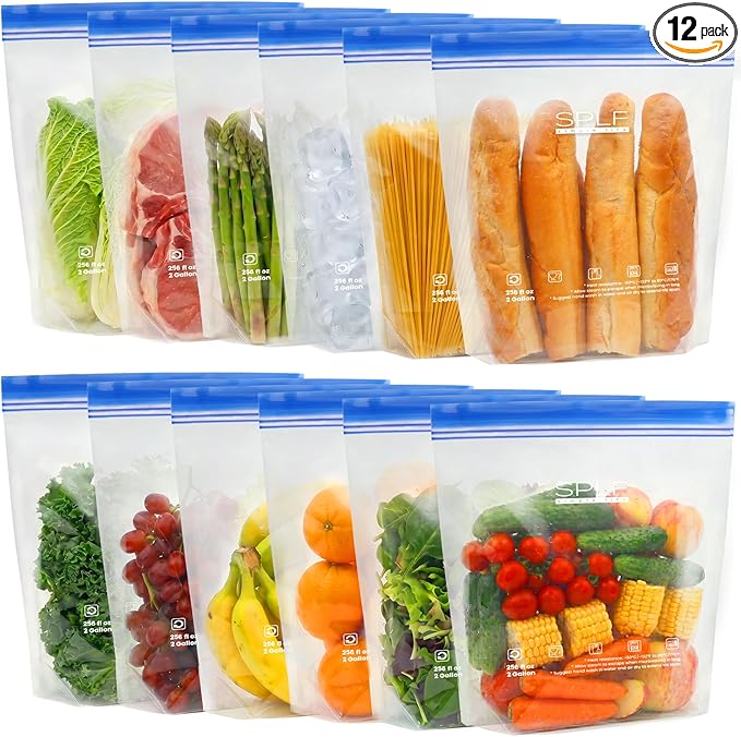 SPLF 12 Pack Reusable 2 Gallon Freezer Bags Dishwasher Safe, Extra Large Reusable Freezer Bags 2 Gallon, Leakproof BPA Free Food Storage Bags for Marinate Meat, Veggies, Homemade Bread, Travel Item