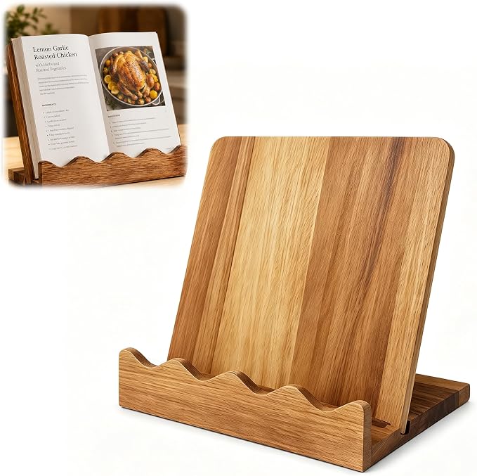 Wooden Cookbook Stand, 2 in 1 Scalloped Recipe Book Holder Cutting Board Keeps Cookbook or Tablets Open for Kitchen Counter