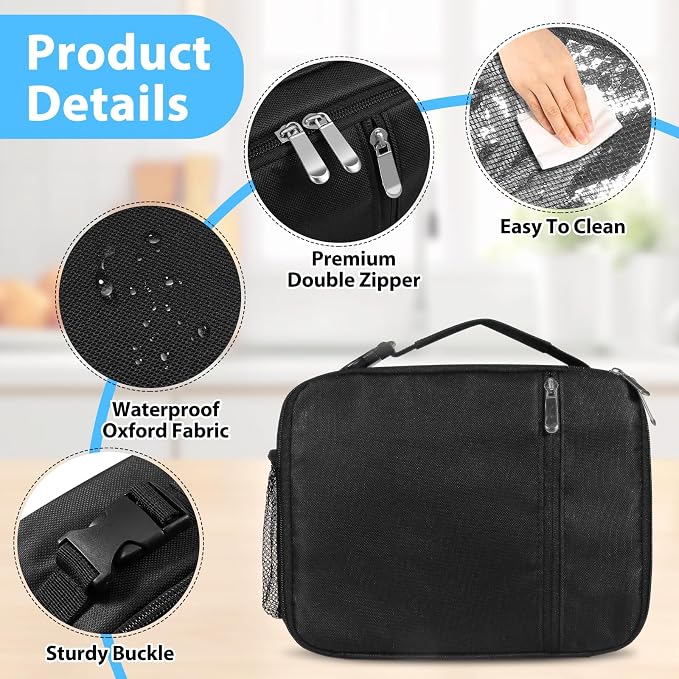 VZZNN 12 Pack Lunch Box Lunch Bags, Insulated Reusable Tote for Adults Men & Women - Leakproof Cooler Bag for Work, Office, Picnic & Travel (Black)