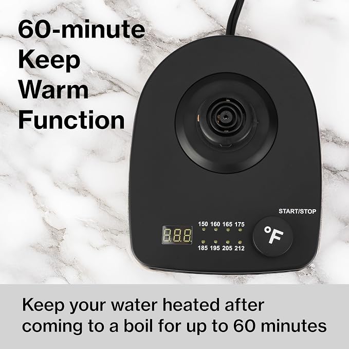 PantryPro Gooseneck Electric Kettle with Temperature Control, 34oz/1.0L Rapid Boil, Stainless Steel Interior, Auto Shut-Off, 1500W, Boil-Dry Protection, LED Indicator - Black