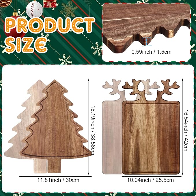 Umigy 2 Pcs Christmas Charcuterie Boards Christmas Tree Wooden Cutting Board with Handle Antler Acacia Wood Cute Cutting Board for Cheese Fruit Bread Salad Vegetables Snack Dessert (Rectangular Elk)