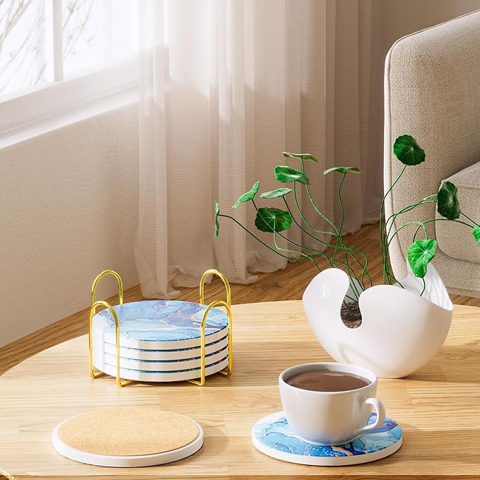6Pcs/Set Marble Abstract Ceramic Coasters with Holder, Absorbent Drink Coasters, Coffee Cup Coaster,Round Ceramic Table Coasters Set Decorative