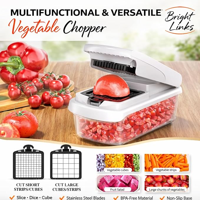 12-in-1 Vegetable Chopper with Container – Mandoline Slicer, Onion Chopper, Food Chopper, Cheese Grater & French Fry Cutter – Multifunctional Kitchen Gadget with 8 Blades, Egg Separator & Peeler
