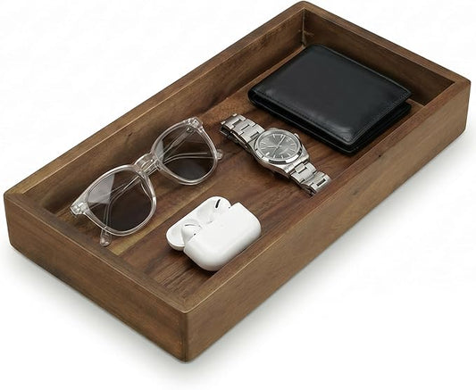 Demigo Acacia Wood Valet Tray & Catchall - Dark Color 12.2" x 6" Organizer for Nightstand, Entryway, Dresser - Holds Keys, Wallet, Phone, Jewelry (Dark Brown)
