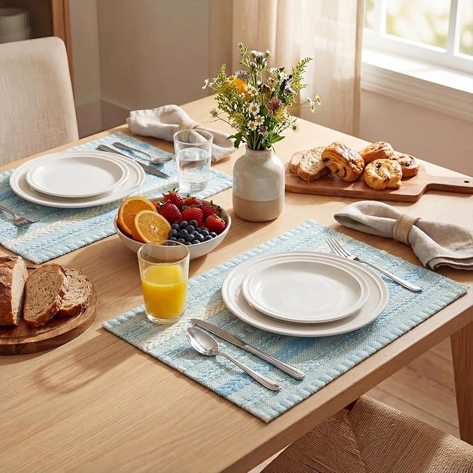 Artoid Mode Sky Blue Farmhouse Woven Braided Stripe Placemats Set of 6,12x18 Inch Seasonal Holiday Table Mats Party Kitchen Dining Decoration