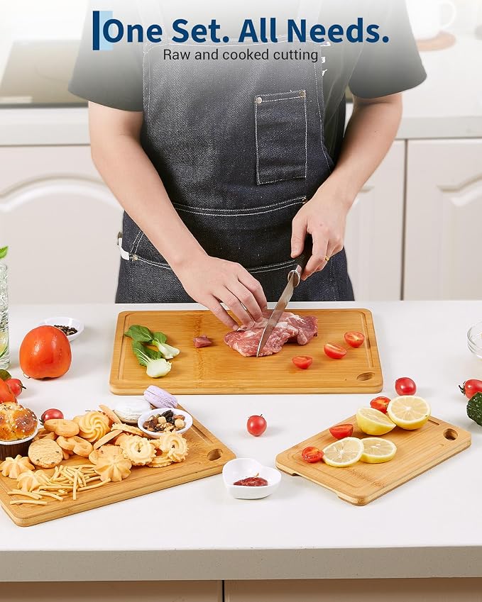Garvee Bamboo Cutting Board Set of 3 - cutting board set with Handle, Bamboo Cutting Boards for Kitchen, Heavy Duty chopping board with deep juicy groove 15x10, 12x8, 9x6 inch