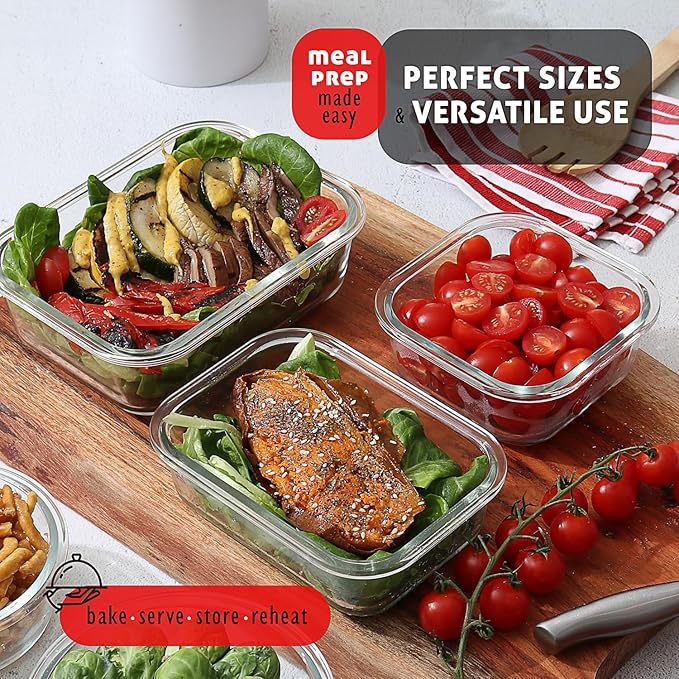 EATEX 16pc Glass Food Storage Containers with Lids, Airtight Glass Meal Prep Containers, 8 Reusable Food Containers with 8 Leakproof Snap Lock Lids, Oven Microwave Freezer Safe Lunch