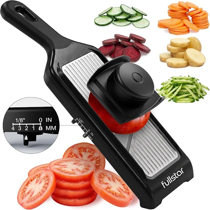 Fullstar 2-in-1 Handheld Mandoline Slicer for Kitchen - 4 Thickness Settings Vegetable Food Onion Slicer, Sharp Julienne Blade, Stainless Steel Guard, Easy to Use, Veggie Slicer & Fruit Cutter (Black)