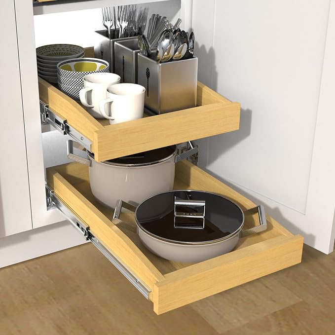Wooden Pull out Cabinet Organizer 26" W x 21" D x 3.35" H, Heavy Duty Slide Out Drawers Pull-Out Home Organizers for Kitchen Cabinets