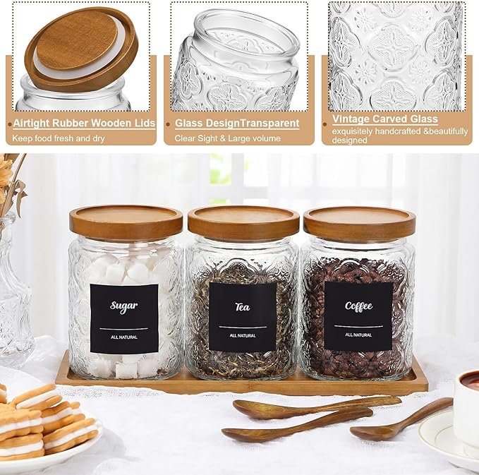 3 Pcs Glass Coffee Container Set with Wooden Lid Spoon Shelf Labels 24 oz Vintage Clear Sugar Tea Bean Jar Food Condiment Spice Storage Canisters Holder Set for Bar(Begonia)