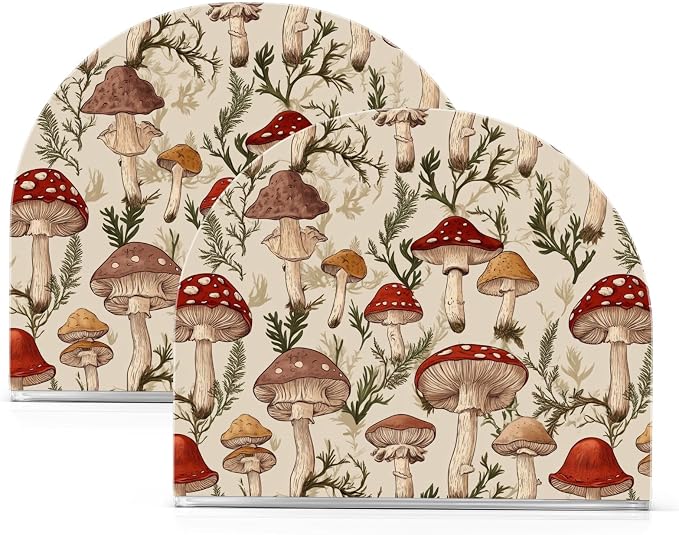 Fustylead Retro Various Mushroom and Fern Napkin Holder for Table Acrylic Vertical Napkin Holders for Paper Napkins Decorative Napkin Dispenser for Home Party Dining Cocktail Kitchen Accessories, 2 PC