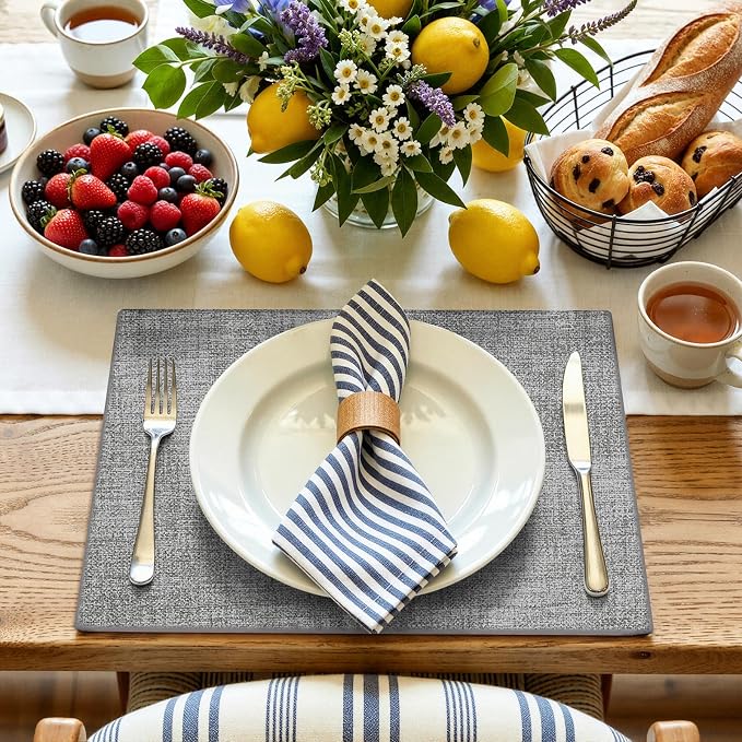 homing Faux Leather Heat Resistant Placemats 12 Packs, Waterproof Wipeable Dining PU Place Mats for Indoor & Outdoor, Easy to Clean, Light Grey