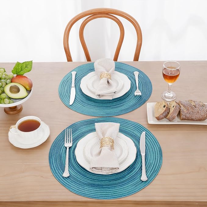 SHACOS 15 inch Round Placemats Set of 8 Variegated Multicolor Place Mats Cotton Polyester Braided Non Slip Washable Heat Resistant Table Mats for Home Wedding Dinner Party Table Decor, Rainbow Teal