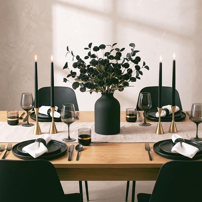 BLOSMON Black Flowers Artificial for Table: Metal Vase with 12 Stems of Fake Mums Eucalyptuses Centerpieces for Dining Room - Faux Silk Pom Poms Floral Arrangements Black Kitchen Home Decor Indoor