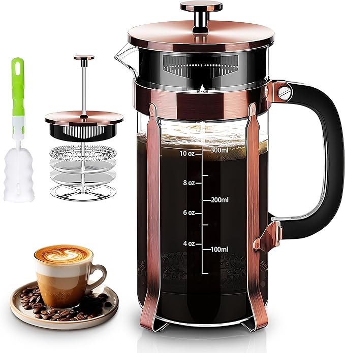 YMMIND French Press Coffee Maker 304 Stainless Steel Coffee Press,with 4 Filters System, Heat Resistant Thickness Borosilicate French Press Glass, BPA-Free Brewed Tea Pot Coffee Plunger(Copper 12oz)