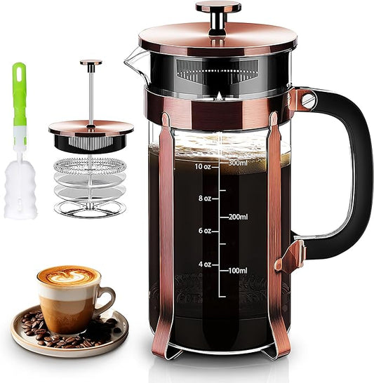 YMMIND French Press Coffee Maker 304 Stainless Steel Coffee Press,with 4 Filters System, Heat Resistant Thickness Borosilicate French Press Glass, BPA-Free Brewed Tea Pot Coffee Plunger(Copper 12oz)