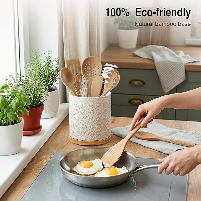 Utensil Holder, 360° Rotating Large Ceramic Kitchen Utensil Holder for Countertop, 5.8" Cooking Utensil Crocks for Kitchen Counter with Bamboo Base,Modern Farmhouse Decor (White)