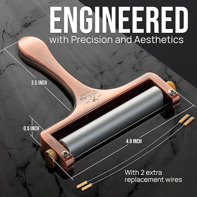 Zulay Adjustable Cheese Slicer - Wire Slicer For Mozzarella, Cheddar, Gouda - Heavy Duty With 2 Extra Wires (Copper)