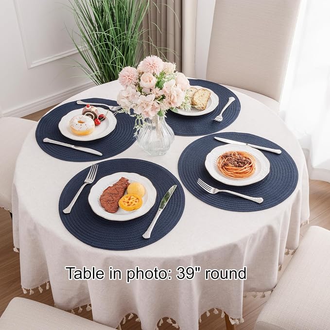 SHACOS Round Placemats Set of 4 Washable 15 inch Round Table Mats Cotton Polyester Woven Braided Place Mats for Dining Table, Navy