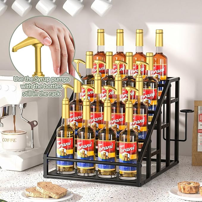 Coffee Syrup Rack Organizer, Spice Racks, Syrup Bottle Holder Stand for Coffee Bar, 4-Tier 16 Bottles Storage Shelves for Syrup, Wine, Dressing for Kitchen Countertop,Black