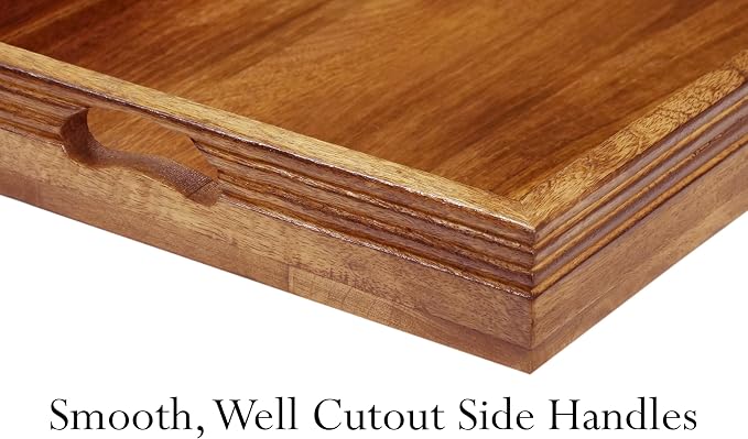 Croft&Cane Solid Wood Serving Tray - 13 x 13 Inch Square Decorative Ottoman Tray - Hand-Carved Ribbed Design - Natural Wood Tray with Handles for Coffee Table, Kitchen, Breakfast & Home Décor