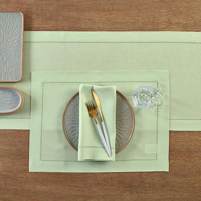 Solino Home Linen Table Runner 120 Inches Long - 100% Pure Linen Light Green Table Runner 14 x 120 Inch for Summer - Classic Hemstitch