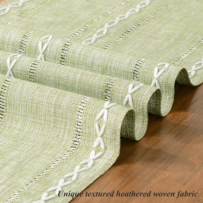 Wracra Rustic Hemstitch Table Runner, Linen Farmhouse Table Runners 60 Inches Long with Tassels for Dining Kitchen Coffee Table Decor, Party and Dresser Decor (Sage Green, 13×60")