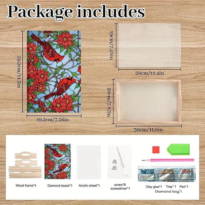 DIY Diamond Serving Tray with Handle Handmade Gem Painting Wooden Rectangular Breakfast Tray for Dinner Plate Coffee Room Living Home Organizer-Cardinal