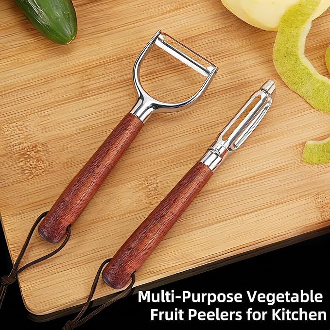 Vegetable Peeler, Premium Y-Shaped and I-Shaped Stainless Steel Potato Peelers Set, Multifunctional Kitchen Peeler Real Wood Handle Ultra Sharp Blade Vegetable Fruit Carrot Apple (2PCS)