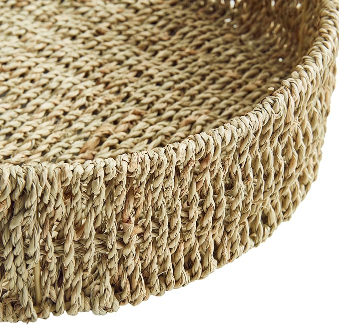 JS HANGER 13" Hand-Woven Round Rattan Serving Tray Decorative Wicker Trays with Built-in Handles for Coffee Table, Natrual Grass Storage Tray