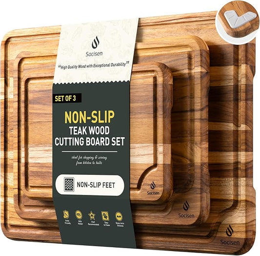 Teak Wood Cutting Board Set for Kitchen High-End Non Toxic Non Slip Over Sink Solid Thick Wood Haus Chopping Board Extra Large Big Small Best Kitchen Essential House Warming Hostess Host Gift
