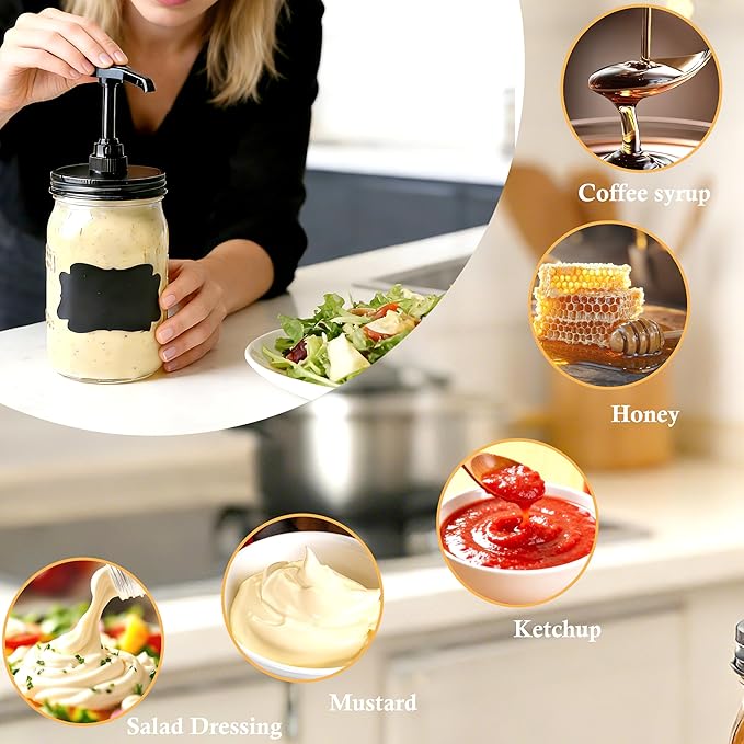 Wide Mouth Mason Jar Pump Dispenser Lid for Syrup Sauce Honey Pump Lid Coffee Syrup Lid Stainless Steel Food Grade Airtight & Leak-Proof- 4pc