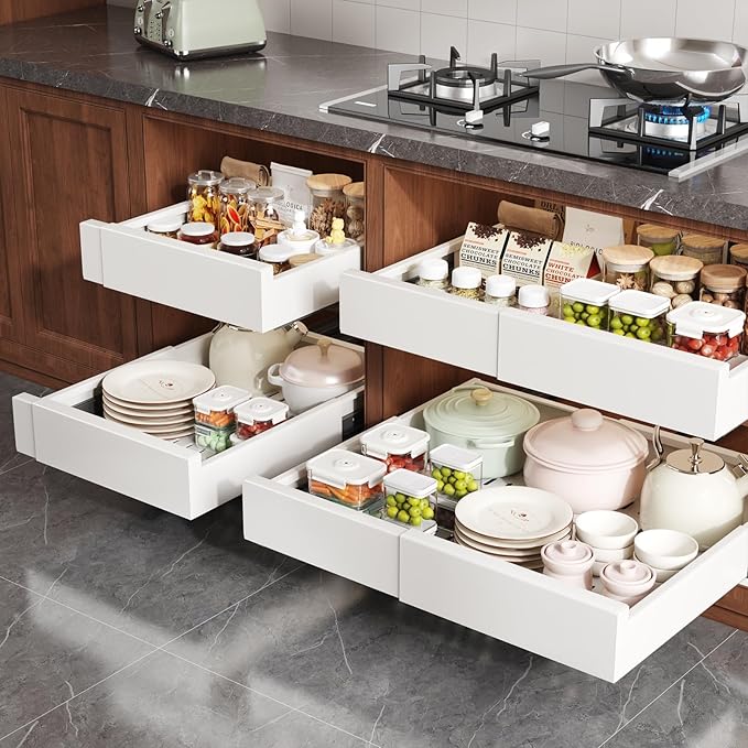 Seinloes Pull Out Cabinet Organizer,4-Side Expandable to Maximize Cabinet Space,Slide Out Drawers with 3 Rail Design,Roll Out Shelf with Raising Pad for Framed Cabinet,13"-21"W x 13"-17"D,White,2 Pack