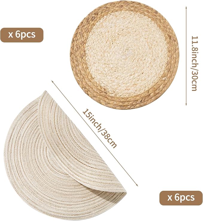 Handmade Round Boho Placemats Set of 6 | Natural Woven & Polyester Braided Combo Table Mats | 12-Piece Versatile Place Mats | Simple Rustic Farmhouse Style Dining Table Decor, Ivory