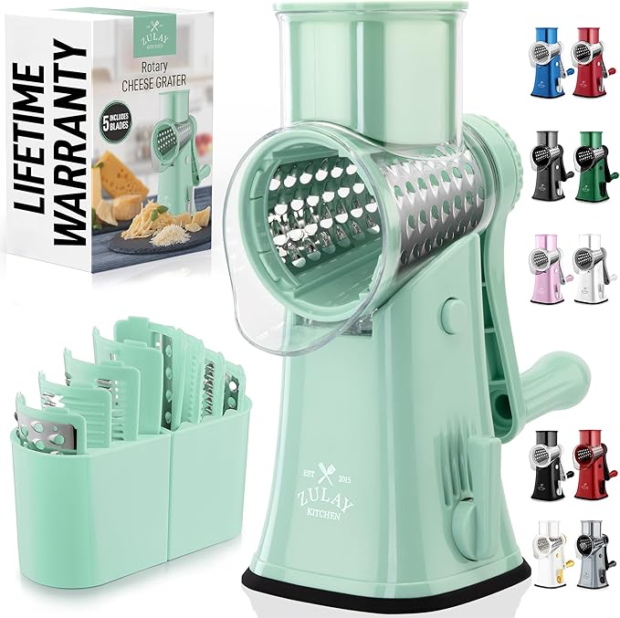 Zulay Kitchen Rotary Cheese Grater 5 Blade Cheese Shredder - Manual Hand Crank Cheese Grater With Reinforced Suction & 5 Interchangeable Drums - Easy to Use, Vegetable Chopper Round Mandoline Slicer