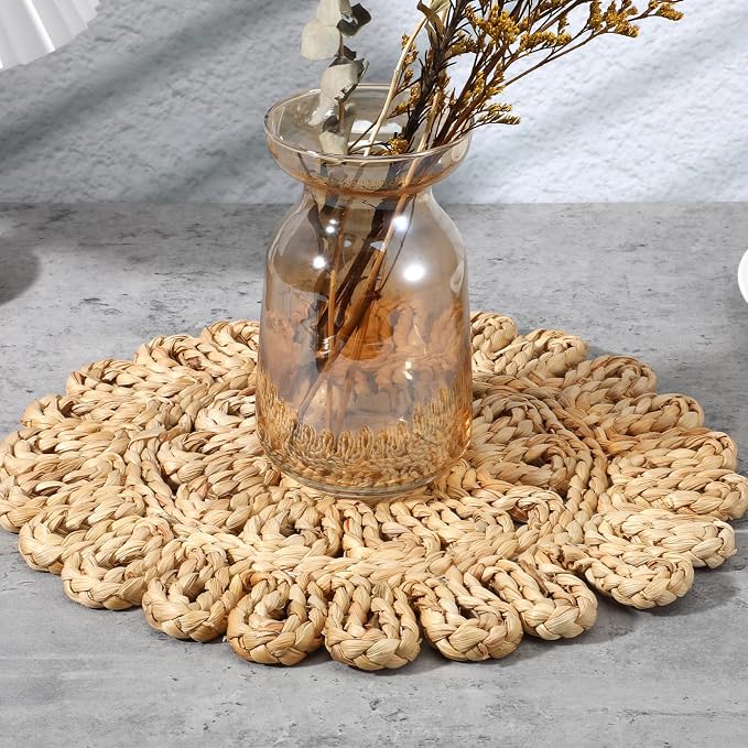 11.8" Corn Husk Woven Round Placemats Set of 6 - Wicker Boho Farmhouse Placemats - Rattan Table Mats for Dining Table, Wedding, Home