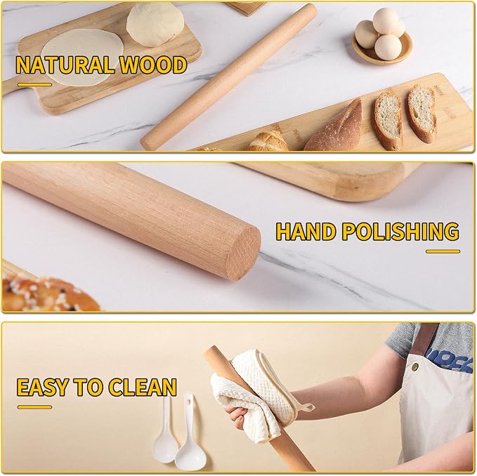 French Rolling Pin (18.92Inches) –WoodenRoll Pin for Fondant, Pie Crust, Cookie, Pastry, Dough –Tapered Design & Smooth Construction - Essential Kitchen Utensil- Easy Clean Handle