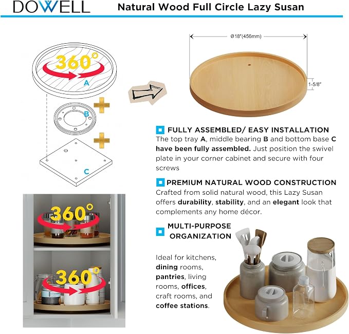 Dowell 18" Natural Wood Full Circle Lazy Susan with Aluminum Bearing for Corner Cabinets (4006 360)