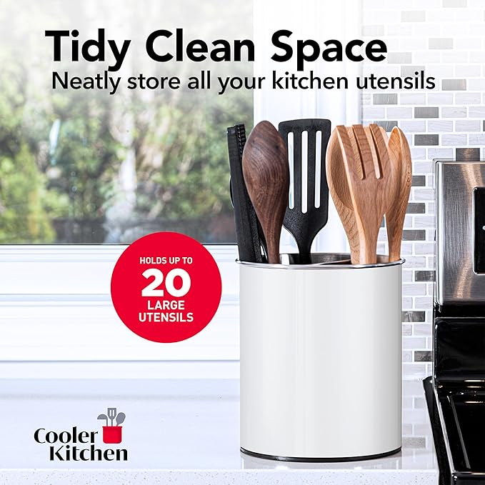 Cooler Kitchen White Rotating Extra Large Stainless Steel Utensil Holder Caddy with Sturdy No-Tip Weighted Base, Removable Divider, and Gripped Insert - Dishwasher Safe Metal Cooking Utensil Holder