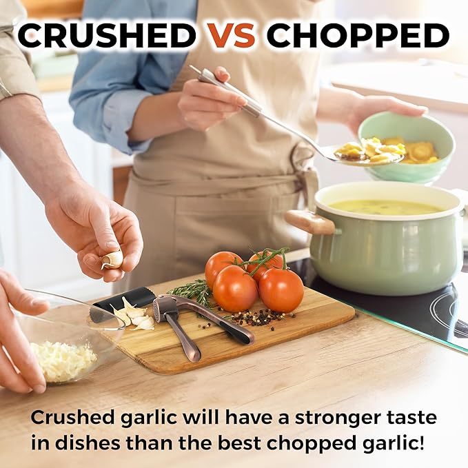 Zulay Kitchen Large Premium Garlic Press Set - Bigger Bowl for Bigger Garlic - Rust Proof Garlic Mincer Tool - Easy-Squeeze, Easy-Clean Silicone Garlic Peeler & Brush (Copper)
