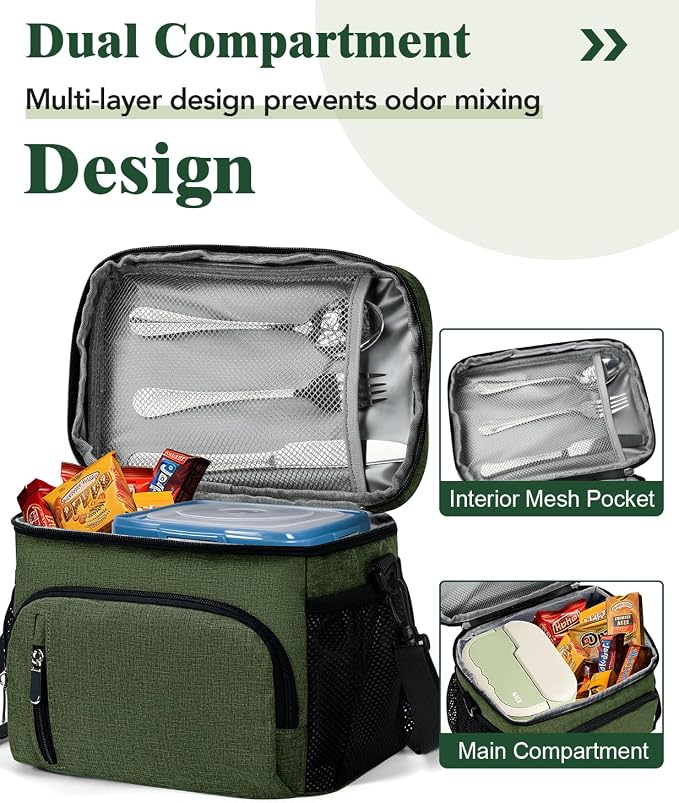 Insulated Lunch Bag for Men & Women, 9L Leakproof Lunch Box Soft Cooler Tote with 5 Pockets, 600D Oxford, EVA Lining, Adjustable Strap for Work, Picnic, Beach&Travel-Green